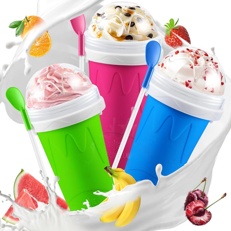 RELPOM 3 Pack Slushy Cup, Slushie Maker Cups, Magic Quick Frozen Squeeze Cups for Ice Cream Juice Milk Yogurt, DIY Smoothie Cooling Cup with Lid and Straw for Kids Friends Family (Blue Pink Green) - Image 1